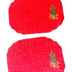 Set Of Two Unbranded Red Quilted Placemats Green Embroidered Candles